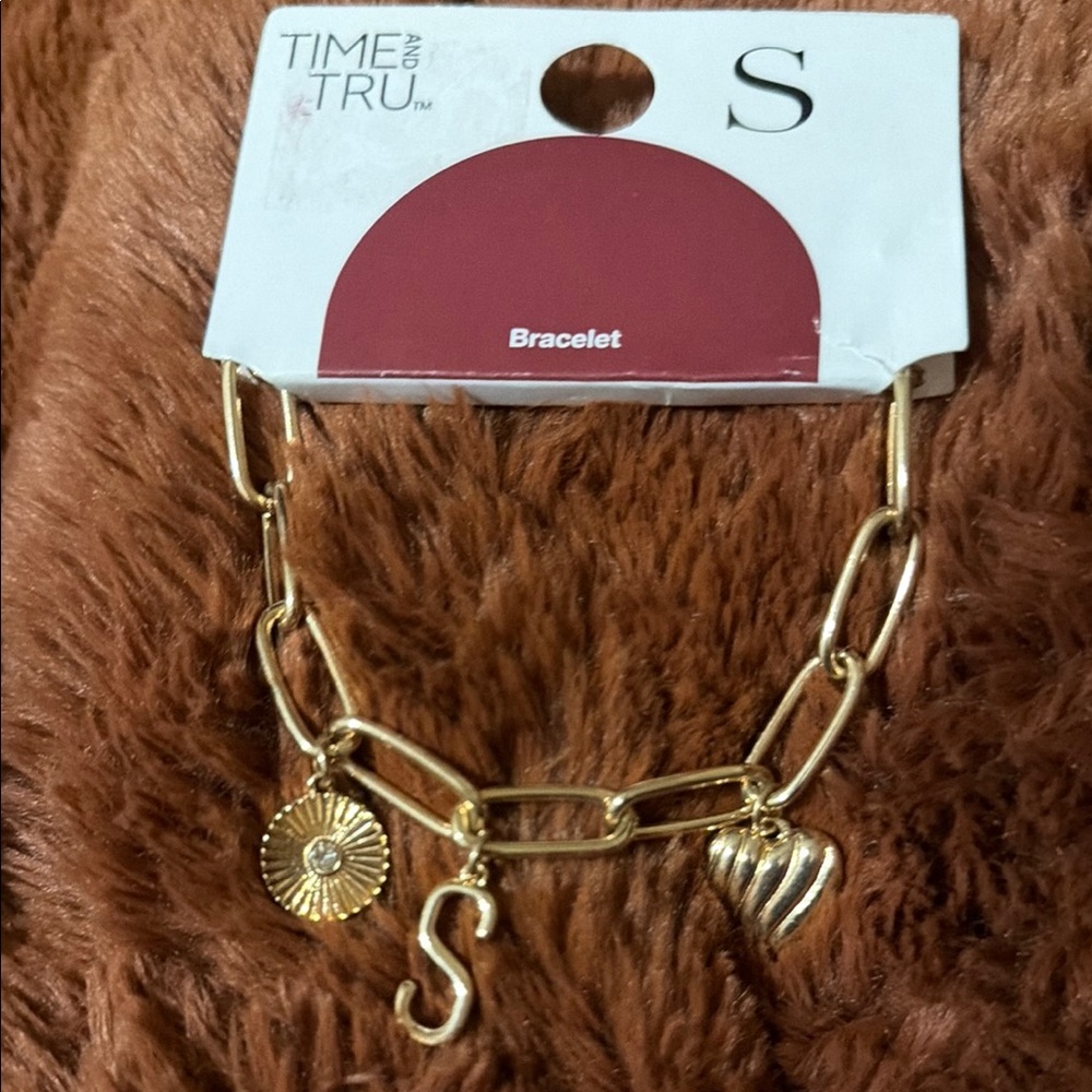 Time and Tru Gold-Tone Charm Bracelet with Heart, Sunburst and 'S' Initial